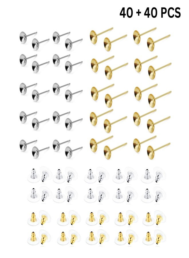 ST logo Cup Pad Blank Earring Pin Studs with Silicone Earring Backs Stopper for Jewelry Making Findings DIY Art & Craft (40 + 40 Pcs Golden + Silver Combo Pack) - Image 2